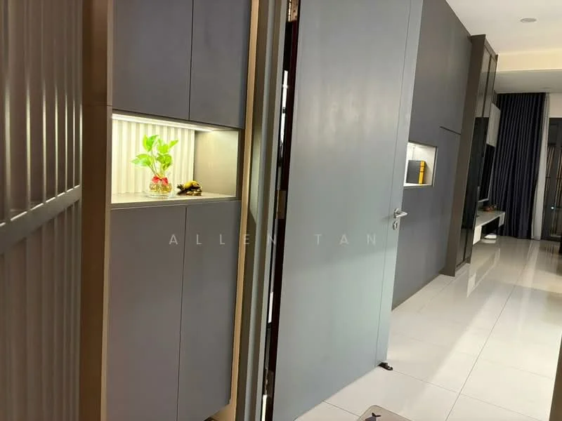 Room features: grey painted walls, white tiled flooring, built-in cabinetry with lighting, decorative plant on shelf, door with modern handle, recessed lighting, open space leading to another room; style: modern.
