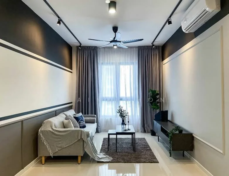 Living features: 3-seater fabric sofa in light grey, decorative throw blanket on sofa, coffee table with decorative items, area rug with neutral tones, floor-to-ceiling window with sheer curtains, wall-mounted TV console in dark wood, indoor plant in ceramic pot, recessed LED downlights, ceiling fan with light, painted accent wall in dark grey, cream painted walls, light-coloured flooring; style: modern; view: city.