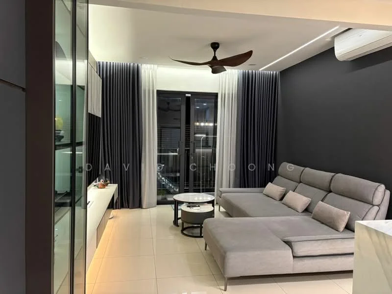 Living features: grey fabric sectional sofa, round coffee table, wall-mounted TV, white TV console, 5-blade ceiling fan with light, floor-to-ceiling windows, black accent wall, light-coloured tile flooring, sheer curtains, blackout curtains, decorative wall lighting; style: modern; view: city.