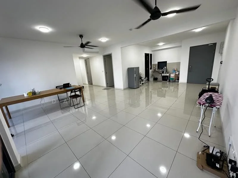 Living features: white painted walls, glossy ceramic tile flooring, recessed downlights, 2 ceiling fans, large windows, open layout, dining table with chairs, kitchenette area with cabinets, stainless-steel fridge, TV console, decorative chair, side table; style: modern.