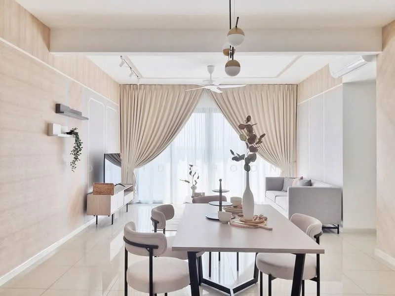 Dining features: rectangular dining table, 4 upholstered dining chairs, decorative vase with flowers, wall-mounted shelves, light-colored wood paneling, large window with sheer curtains, ceiling fan with light, neutral-colored sofa, TV console with TV, area rug, wall-mounted decorative elements; style: modern.