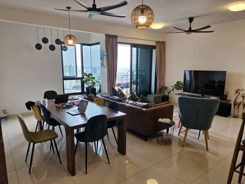 Living features: 3-seater fabric sofa in brown, 2-seater fabric sofa in grey, coffee table, TV console, wall-mounted TV, area rug, floor-to-ceiling windows, curtains, ceiling fan, pendant lighting, decorative plants, decorative wall art; style: modern; view: city. Dining features: 6-seater dining table in wood, upholstered dining chairs in various colors, pendant lights above dining table; style: modern; view: city.