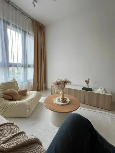 Living features: large floor-to-ceiling windows, sheer curtains, beige fabric lounge chair, round wooden coffee table, light wood TV console, decorative vase on table, neutral wall colour, textured throw blanket, minimalist decor, smooth flooring; style: modern; view: city.