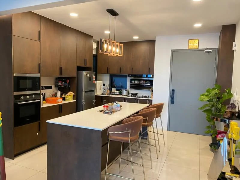 Kitchen features: dark wood cabinetry, white quartz countertop, stainless-steel double-bowl sink, chrome pull-down faucet, built-in oven, built-in microwave, stainless-steel fridge, 4-burner gas hob, pendant lighting, bar stools, tile flooring, open shelving, wall-mounted cabinets, kitchen island; style: modern.