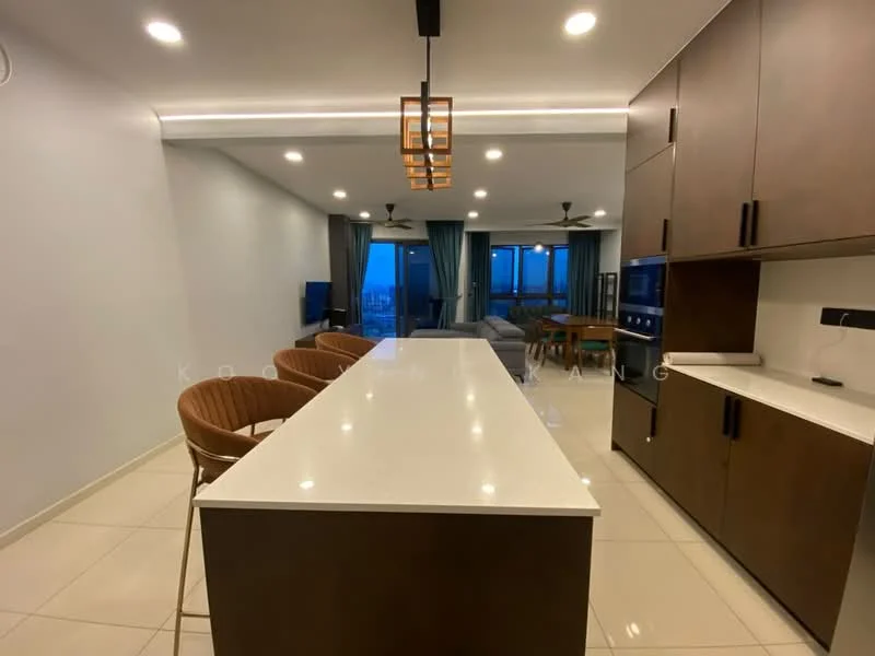 Kitchen features: white quartz countertop, dark wood cabinetry, stainless-steel appliances, built-in oven, 4-burner gas hob, stainless-steel range hood, bar seating with three rattan stools, pendant lighting above island, recessed downlights, floor-to-ceiling windows, cream tiled flooring, open-plan layout with living area, ceiling fan; style: modern; view: city.