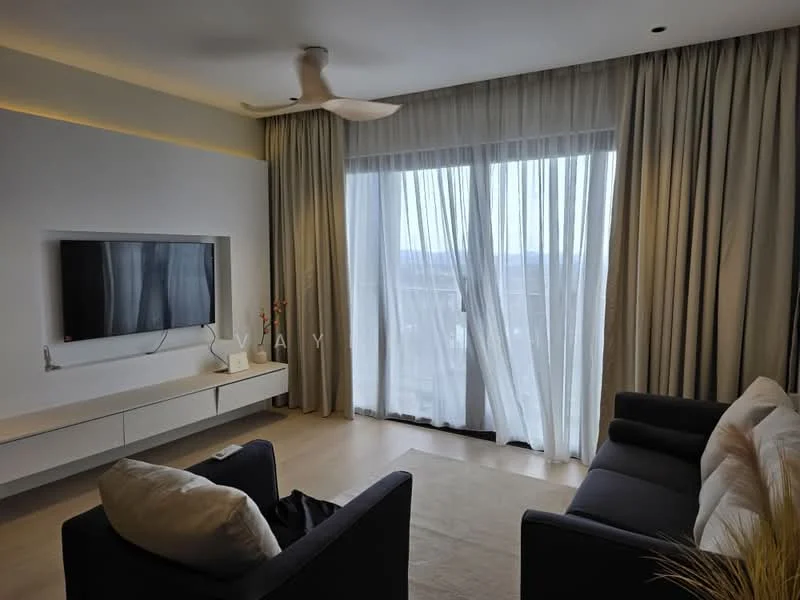 Living features: sofa in dark blue fabric, 2-seater sofa, white throw pillows, coffee table, wall-mounted TV, TV console with storage, floor-to-ceiling windows, sheer curtains, ceiling fan, light wood flooring, decorative plant in pot, wall with recessed lighting; style: modern; view: city.