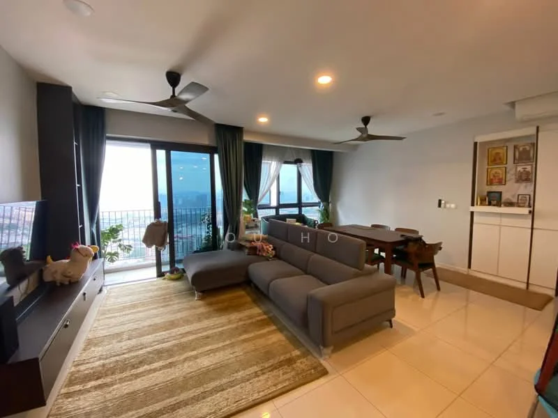Living features: L-shape sectional sofa in grey, coffee table, wall-mounted TV, TV console, area rug with geometric pattern, floor-to-ceiling windows, sliding glass door, sheer curtains, 2 ceiling fans, decorative plants, dining table, built-in cabinetry; style: modern; view: city.