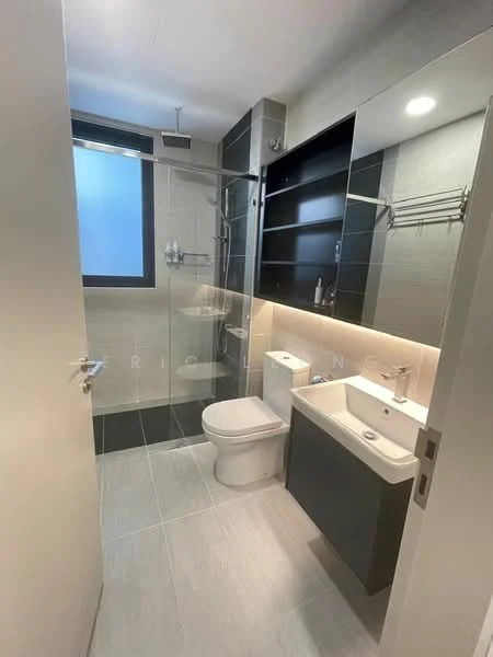 Bathroom features: white ceramic toilet, single-sink vanity with dark cabinetry, chrome basin mixer faucet, framed mirror, glass shower enclosure, rain shower head, handheld shower, tile cladding on walls, grey tile flooring, built-in shelving, recessed LED downlights; style: modern.