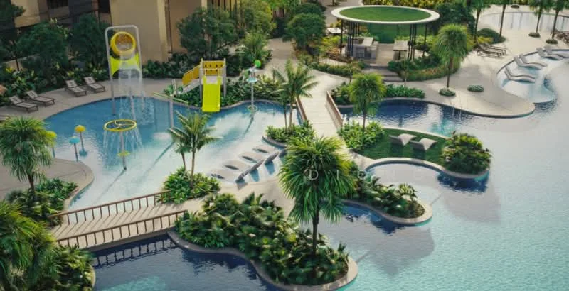 Exterior type: swimming pool deck; features: infinity pool, children's water slide, pool deck with loungers, tropical landscaping, palm trees, manicured lawn, water features, outdoor dining pavilion, wooden walkway, jacuzzi, lush greenery; style: tropical-modern.