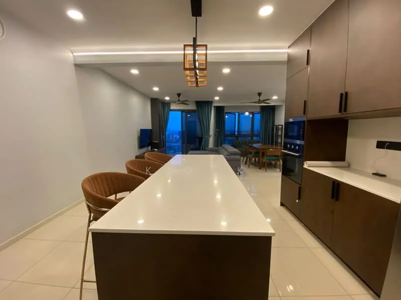Kitchen features: white quartz countertop, brown cabinetry, stainless-steel built-in oven, stainless-steel microwave, 4-burner gas hob, bar seating with 3 rattan stools, pendant lighting, recessed downlights, floor-to-ceiling windows, city view, cream tile flooring, ceiling fan; style: modern; view: city.