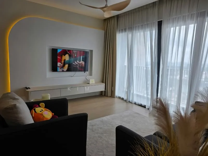 Living features: sofa in black fabric, coffee table, TV console with wall-mounted TV, floor-to-ceiling windows, sheer curtains, wooden flooring, decorative wall with LED lighting, area rug, decorative plant arrangement, framed artwork on wall; style: modern; view: city.
