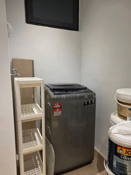 Laundry features: top-load washing machine, white shelving unit, grey wall, light-colored flooring, window for natural light, buckets, cleaning supplies.