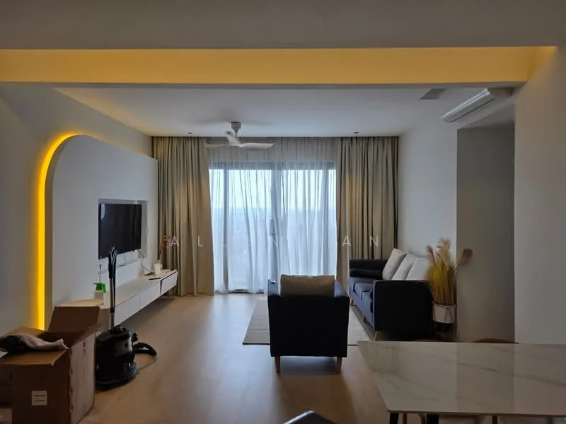 Living features: light wood flooring, white painted walls, recessed downlights, 5-blade ceiling fan, floor-to-ceiling windows, sheer curtains, TV mounted on wall, white TV console, dark blue fabric sofa, light grey fabric sofa, decorative plants in ceramic pots, area rug, decorative wall lighting; style: modern; view: city.