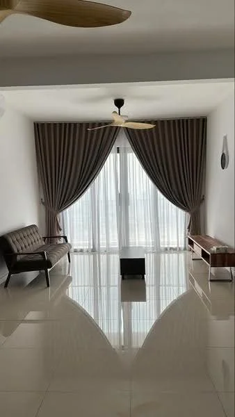 Living features: 3-seater leather sofa in brown, coffee table, floor-to-ceiling windows, sheer curtains, dark grey curtains, ceiling fan, polished ceramic tile flooring, decorative wall mirror; style: modern; view: city.