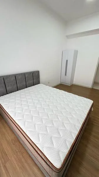 Bedroom features: queen-size bed, upholstered headboard, wooden flooring, white painted walls, built-in wardrobe, natural light from window; style: modern.