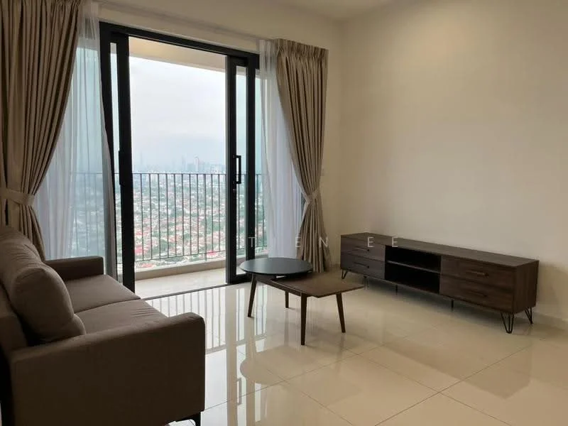 Living features: 3-seater fabric sofa in beige, coffee table, TV console in dark wood, floor-to-ceiling windows, sheer curtains, white painted walls, glossy tile flooring, city view; style: modern; view: city.