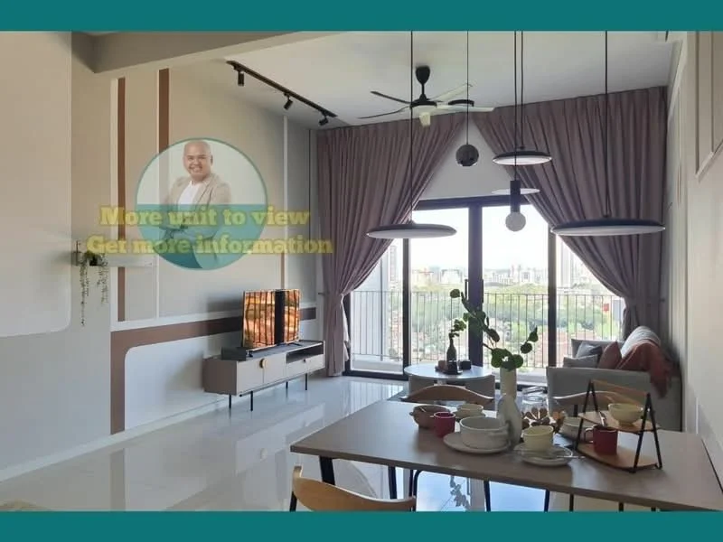 Living features: floor-to-ceiling windows, grey curtains, 3-blade ceiling fan, recessed downlights, wall-mounted TV, TV console, coffee table, dining table with chairs, decorative plants, ceramic tableware, white painted walls, polished tile flooring; style: modern; view: city.