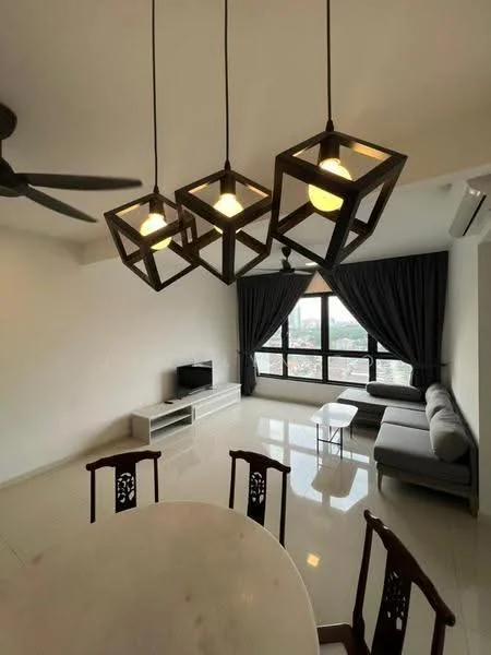 Living features: 5-blade ceiling fan, 4 pendant lights with geometric design, floor-to-ceiling windows, grey fabric sectional sofa, white coffee table, TV console, wall-mounted TV, polished tile flooring, dark curtains, decorative wall, open layout to dining area; style: modern; view: city. Dining features: round dining table, wooden dining chairs, white tabletop, open layout to living area; style: modern.