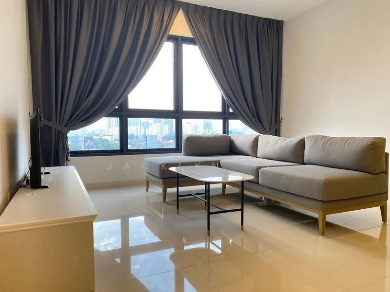 Living features: L-shape sectional sofa in grey, coffee table, floor-to-ceiling windows, grey curtains, light-colored wall, glossy tile flooring, TV console, city skyline view; style: modern; view: city.