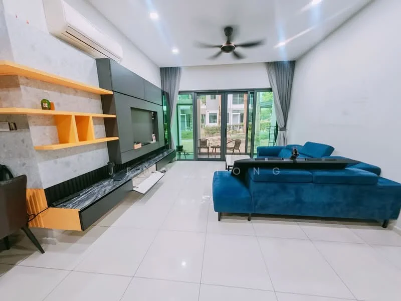 Living features: blue fabric L-shape sectional sofa, black TV console, wall-mounted TV, floating wooden shelves, grey accent wall, white painted walls, recessed downlights, sliding glass door, floor-to-ceiling windows, light-colored tile flooring, ceiling fan; style: modern; view: garden.