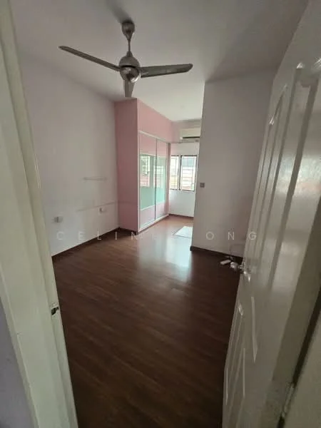 Room features: wooden flooring, pink accent wall, white painted walls, ceiling fan, large window, sliding glass door, built-in wardrobe, air conditioning unit; style: modern; view: city.