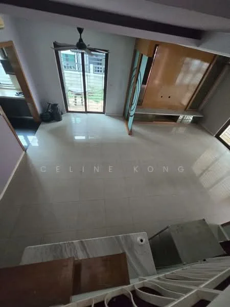 Living features: large floor tiles, grey walls, 5-blade ceiling fan, sliding glass door, window with sheer curtains, built-in wooden cabinet, open layout, natural light from windows, staircase leading to upper floor; style: modern; view: garden.