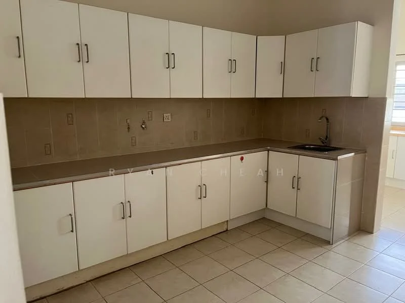 Kitchen features: white cabinetry with flat-panel doors, single-bowl stainless-steel sink, chrome faucet, light beige tiled backsplash, light beige tiled flooring, countertop with integrated cabinetry, multiple upper cabinets, lower cabinets with a single door, electrical outlets visible, neutral wall color; style: modern.