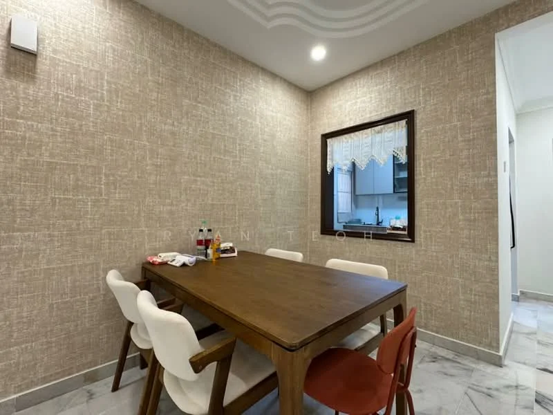 Dining features: wooden dining table, 4 upholstered dining chairs in white, 1 dining chair in orange, textured wallpaper in beige, marble tile flooring, window with lace curtain, light fixture on ceiling, decorative wall paneling; style: modern.