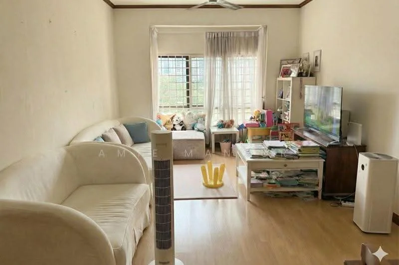 Living features: 3-seater fabric sofa in cream, wooden flooring, floor-to-ceiling windows, sheer curtains, TV console, wall-mounted TV, freestanding TV cabinet, area rug, decorative items on shelves, standing fan, coffee table, toys and books on shelves; view: city.