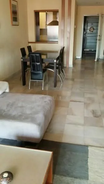 Living features: grey fabric sofa, glass coffee table, dining table for six, black dining chairs, tile flooring, neutral painted walls, open layout to kitchen, doorway leading to hallway; style: modern.