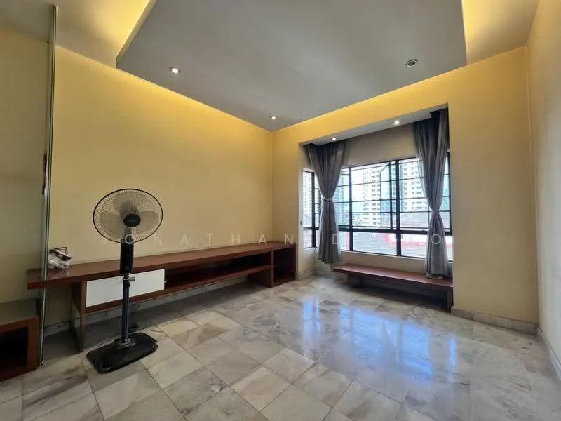 Room features: marble flooring, yellow painted walls, recessed downlights, large windows with city view, grey curtains, wooden shelf, wall-mounted fan, built-in cabinetry; style: modern; view: city.