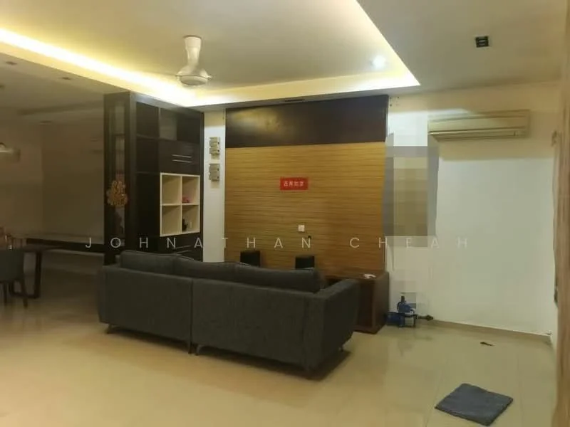 Living features: grey fabric sofa, coffee table, wall-mounted TV, built-in shelving unit, wood accent wall, recessed downlights, 1 wall-mounted split AC, cream painted walls, tile flooring, ceiling fan; style: modern.