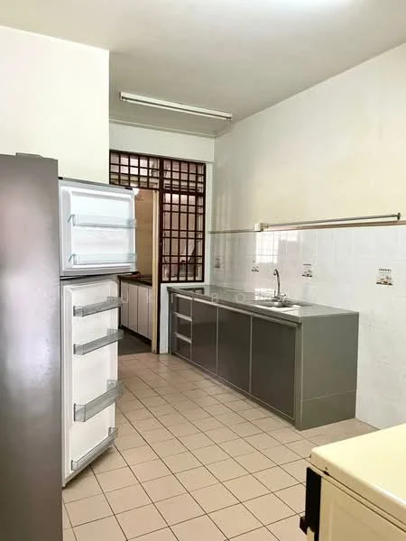 Kitchen features: grey cabinetry, stainless-steel sink, chrome faucet, white tiled backsplash, white walls, tile flooring, refrigerator, built-in cabinets, countertop, overhead lighting; style: modern.