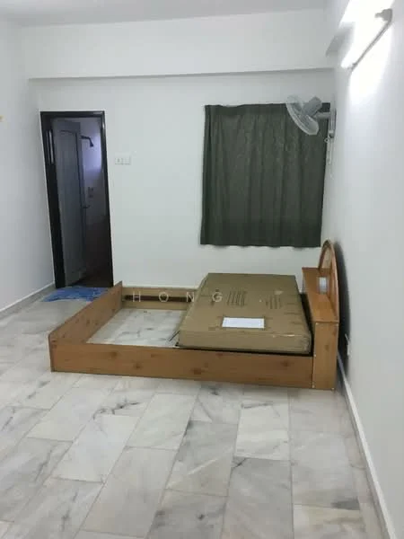 Bedroom features: wooden bed frame, mattress on bed, green curtain, ceiling fan, white painted walls, marble flooring, door to hallway, light fixture on wall.