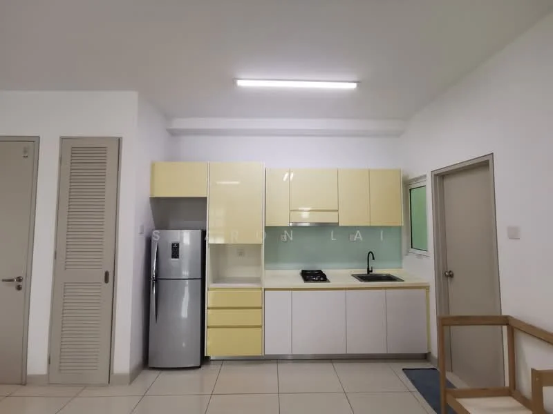 Kitchen features: light yellow cabinetry, white countertop, stainless-steel fridge, built-in gas hob, single-bowl black sink, chrome pull-down faucet, white tiled backsplash, ceramic tile flooring, recessed ceiling lights, sliding door to adjacent room; style: modern.