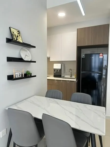 Dining features: marble dining table, 4 upholstered dining chairs in grey, wall-mounted black shelves, decorative clock on shelf, framed artwork on shelf, small potted plant on shelf, white cabinetry with flat-panel design, brown wood cabinetry, stainless-steel fridge, built-in kitchen appliances, recessed ceiling lights; style: modern.
