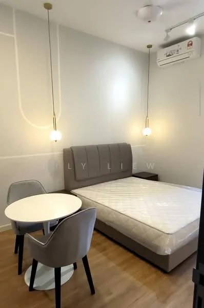 Bedroom features: queen-size bed, upholstered headboard, 2 pendant lights, 1 wall-mounted split AC, light wood flooring, white painted walls, small round dining table, 2 upholstered chairs; style: modern.
