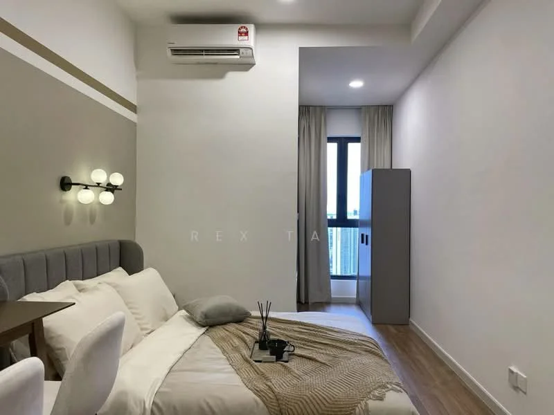 Bedroom features: queen-size bed with upholstered headboard, white bedding, wooden bedside table, 2 white upholstered chairs, floor-to-ceiling window, curtains, wall-mounted air conditioning unit, light fixture with multiple bulbs, wooden flooring, grey accent wall; style: modern; view: city.