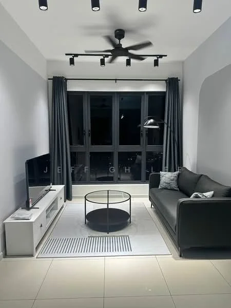 Living features: 3-seater fabric sofa in grey, round coffee table with black top, white TV console, wall-mounted TV, track lighting, 5-blade ceiling fan with light, floor-to-ceiling windows, grey curtains, light-colored tile flooring, decorative throw pillows, area rug with geometric pattern; style: modern.