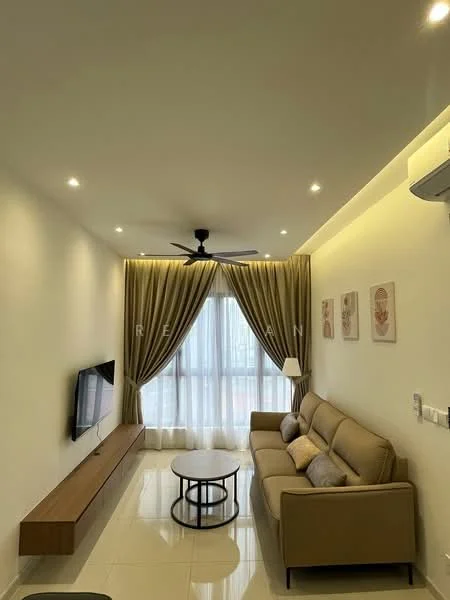 Living features: cream painted walls, glossy tile flooring, 5-blade ceiling fan with light, floor-to-ceiling windows, sheer curtains, wall-mounted TV, wooden TV console, round coffee table, beige fabric sofa, decorative wall art; style: modern.