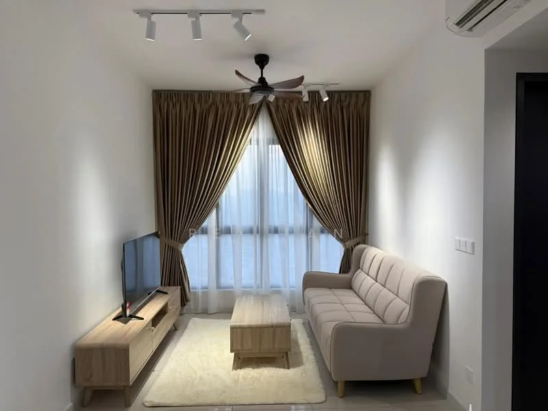 Living features: 3-seater fabric sofa in light beige, wooden coffee table, TV console in light wood, wall-mounted TV, floor-to-ceiling windows, sheer curtains, heavy drapes in brown, ceiling fan with light, recessed LED downlights, light-colored area rug, white painted walls, tile flooring; style: modern.