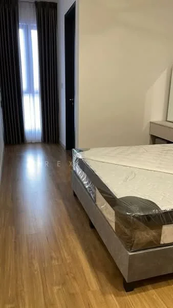 Bedroom features: wooden flooring, queen-size bed, bed with protective plastic cover, floor-to-ceiling window, curtains, wall-mounted mirror, light-colored walls, built-in wardrobe, neutral color scheme; style: modern.