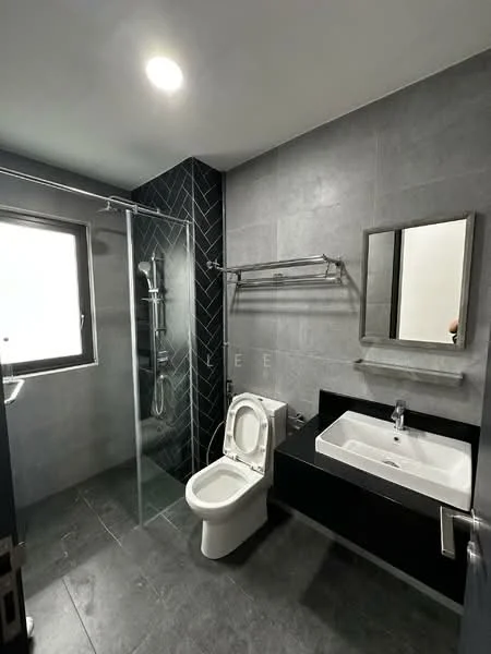 Bathroom features: grey tile flooring, grey wall tiles, glass shower enclosure, rain shower head, handheld shower, single-sink vanity with black cabinet, chrome basin mixer, framed mirror, one-piece toilet, towel rack, window with sheer curtains, recessed ceiling lights; style: modern.