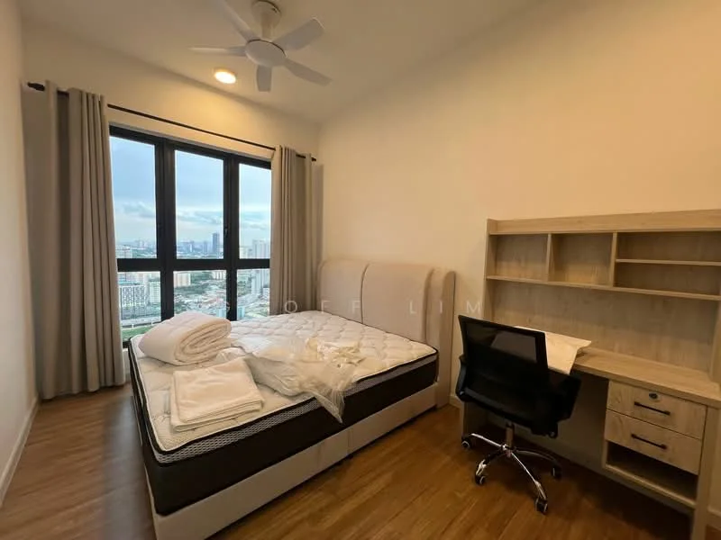 Bedroom features: queen-size bed, upholstered headboard, white bedding, wooden flooring, floor-to-ceiling windows, curtains, ceiling fan, study desk, office chair, built-in shelving unit, city view; style: modern; view: city.