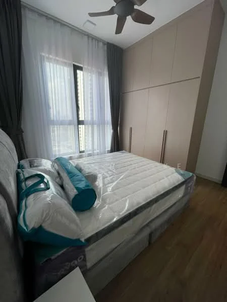 Bedroom features: queen-size bed with mattress protector, upholstered headboard, bedside table, floor-to-ceiling window, sheer curtains, dark grey curtains, built-in wardrobe with sliding doors, wooden flooring, ceiling fan; style: modern; view: city.