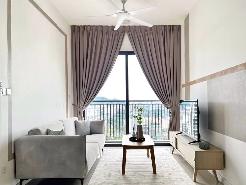 Living features: 3-seater fabric sofa in light grey, wooden coffee table, TV console, wall-mounted TV, floor-to-ceiling windows, sheer curtains, dark grey curtains, ceiling fan with light, area rug, decorative plant; style: modern; view: city.