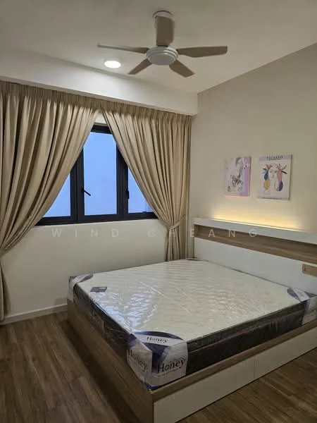 Bedroom features: queen-size bed, wooden flooring, 5-blade ceiling fan, floor-to-ceiling window, sheer curtains, decorative wall art, built-in bedside table, light-colored painted walls; style: modern.