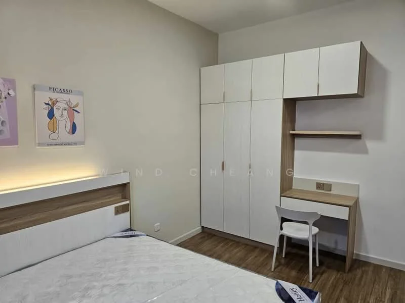 Bedroom features: queen-size bed with white headboard, wooden flooring, white painted walls, built-in wardrobe with sliding doors, study desk with wooden top, white chair, wall-mounted light above the bed, decorative artwork on the wall; style: modern.