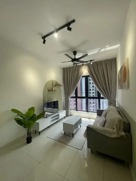 Living features: 3-seater fabric sofa in light grey, coffee table, TV console, wall-mounted TV, floor-to-ceiling windows, sheer curtains, 5-blade ceiling fan with light, decorative wall shelf, indoor plant, area rug, light-coloured walls, tile flooring; style: modern; view: city.