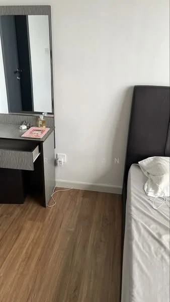 Bedroom features: wooden flooring, white painted walls, dark wood bed frame, bedside table, vanity table with mirror, table lamp, decorative items on vanity, unmade bed with white bedding; style: modern.